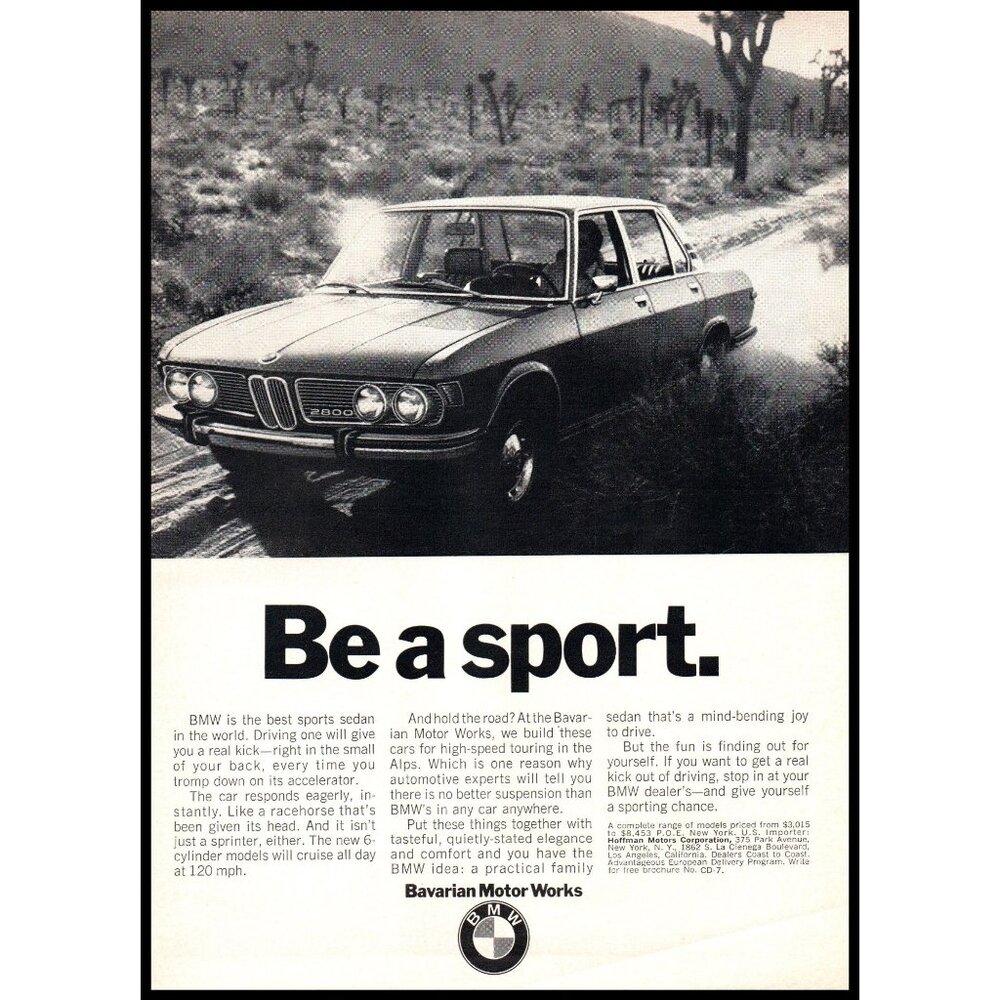 1970 BMW 2800 Sports Sedan Vintage Print Ad Desert Dirt Road Cactus Wall Art